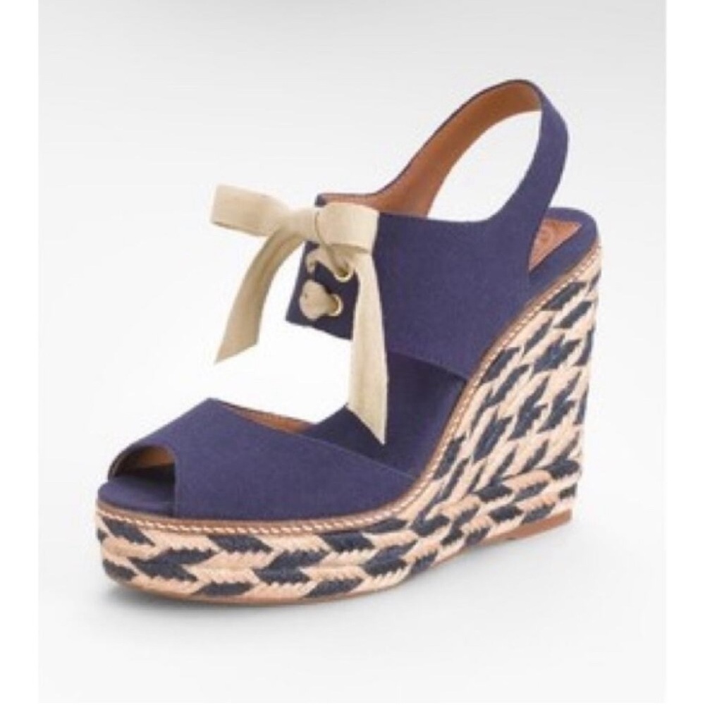 Tory Burch Navy Blue Linley High Open Toe Tie Front Espadrille Wedge Size 5